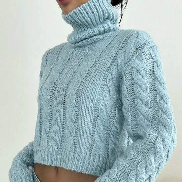 Casual Turtleneck Cable Knit Turtleneck Crop Sweater Blue - Picture 2 of 7